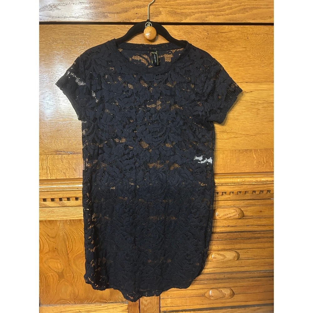 Allover Lace Sheer Black Floral Whimsigoth Glod Short Sleeve Tunic Mini Dress XL